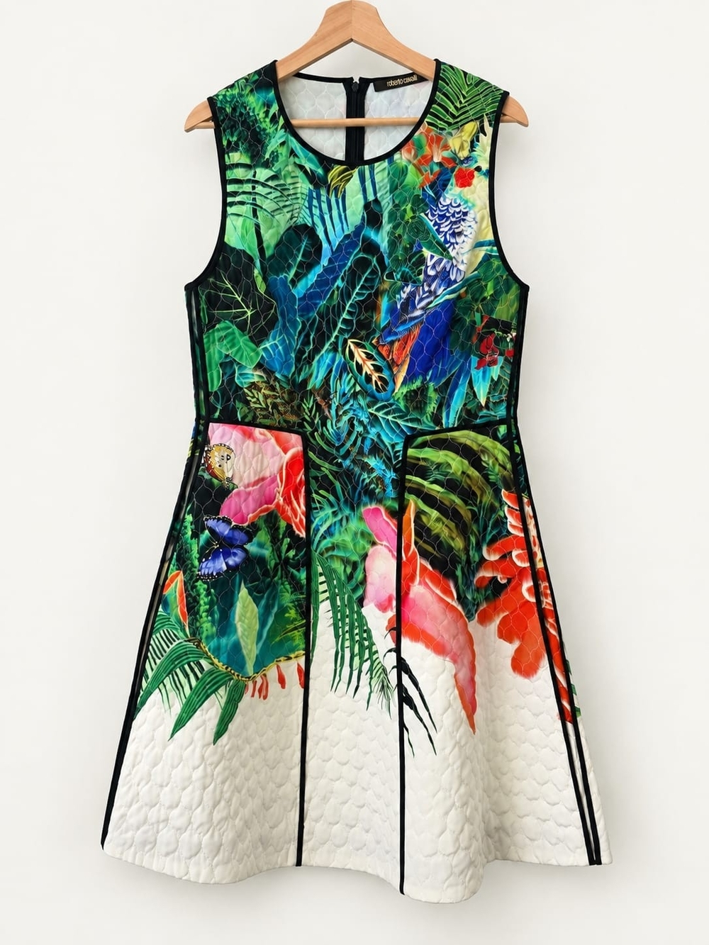 💯% Silk Roberto Cavalli Tropical Bird Quilted Mini Dress